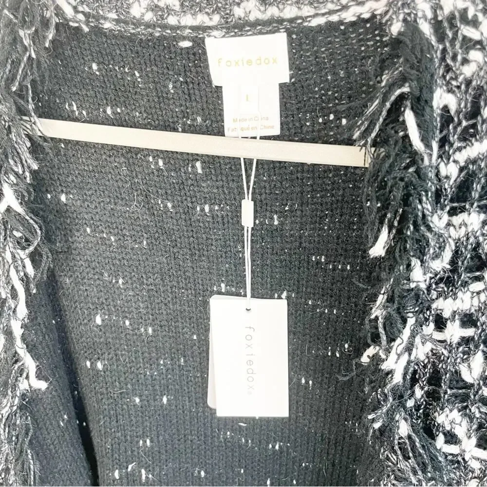 FOXIEDOX Black and White Knit Fringe Cardigan Size Large NWT